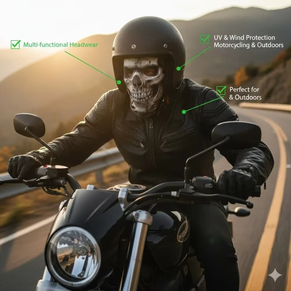 A person wearing a black leather jacket and helmet is riding a motorcycle, featuring a 3D skull balaclava mask.