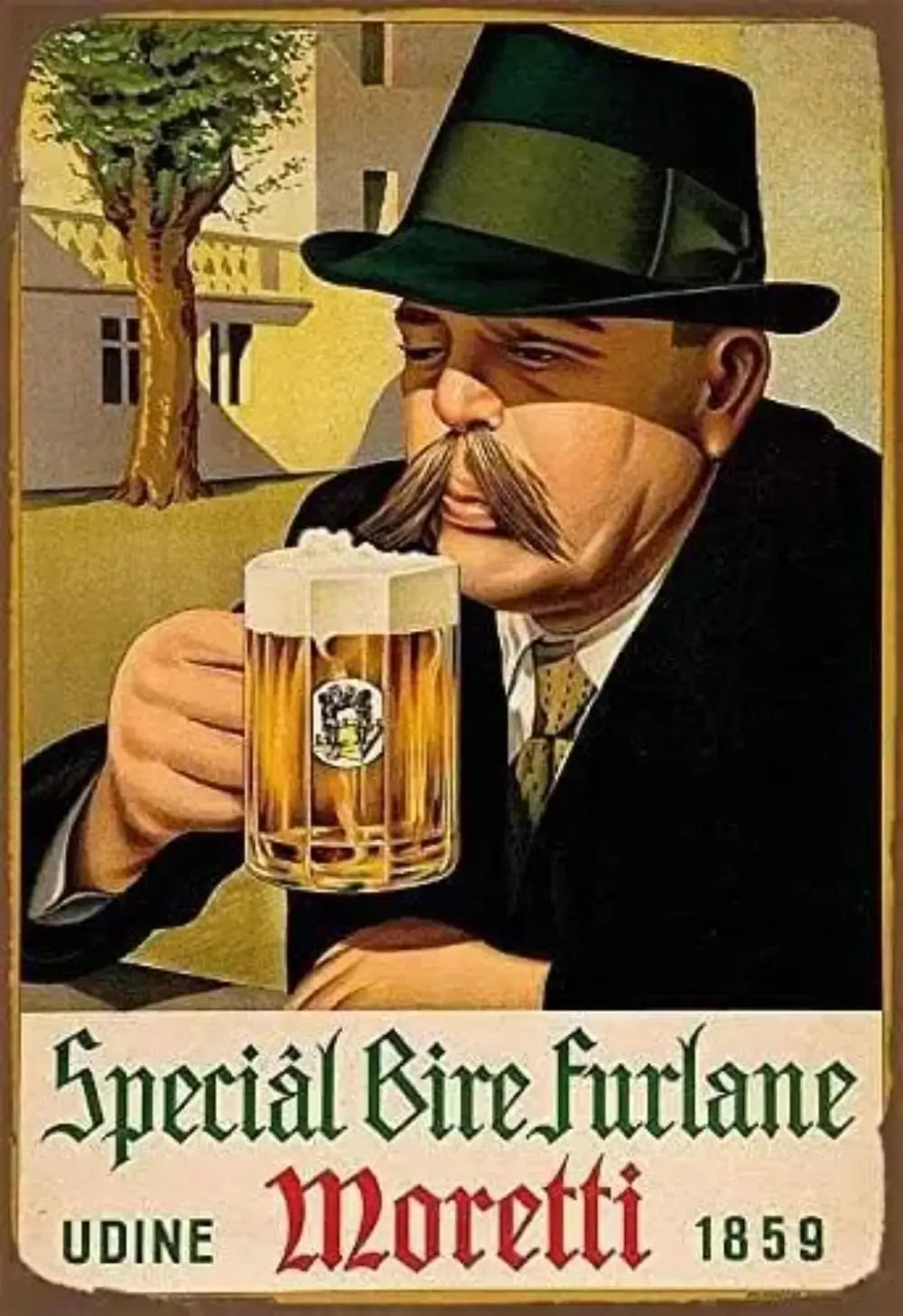 Retro bar metal sign decoration featuring a man in a hat holding a glass of beer with text Special Bire Furlane Udine Moretti