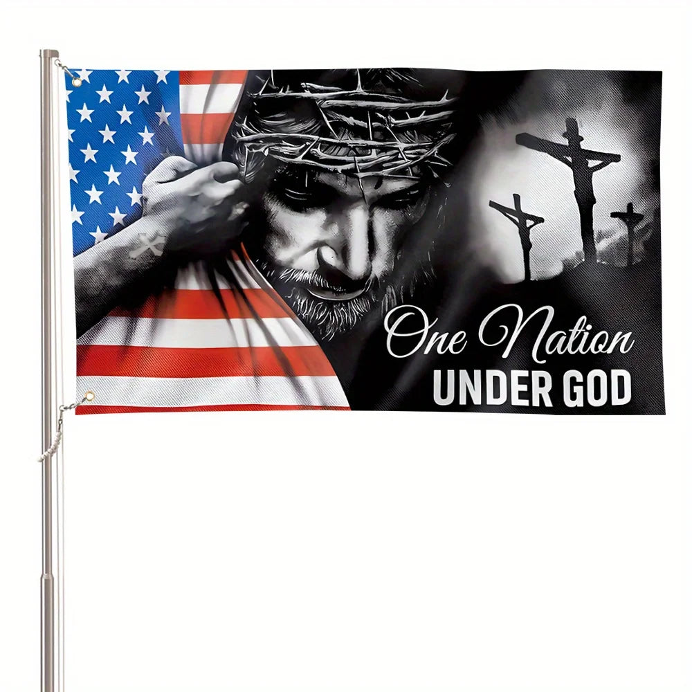 A banner flag featuring a depiction of Jesus Christ and a distressed hand holding an American flag.