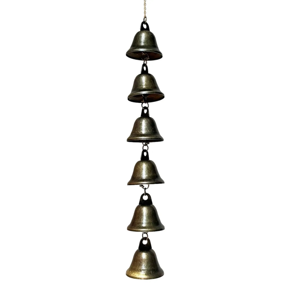 A hanging wind chime made of multiple small metal bells.
