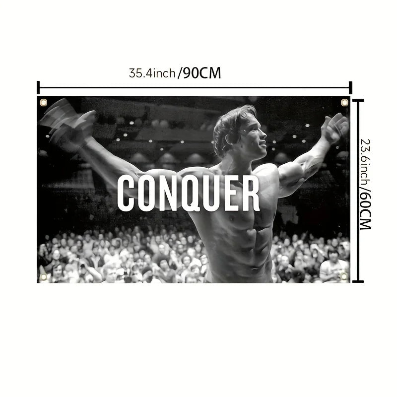 A muscular man with a determined expression flexes his arms during a competition, set against a blurred crowd.