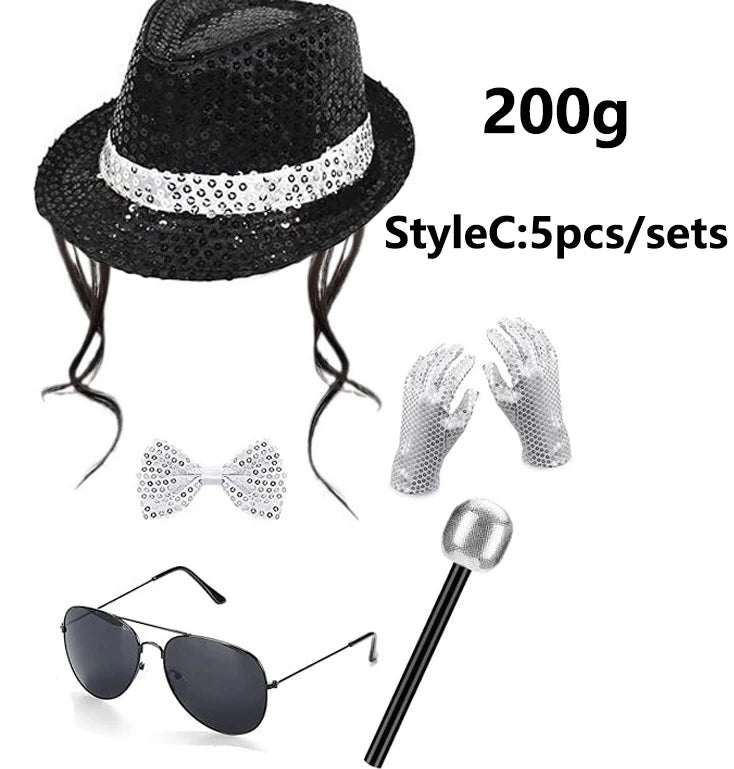 A black sequin disco hat, bow, and glove set with a silver wand and sunglasses.