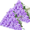 A bouquet of purple velvet artificial roses with green leaves.