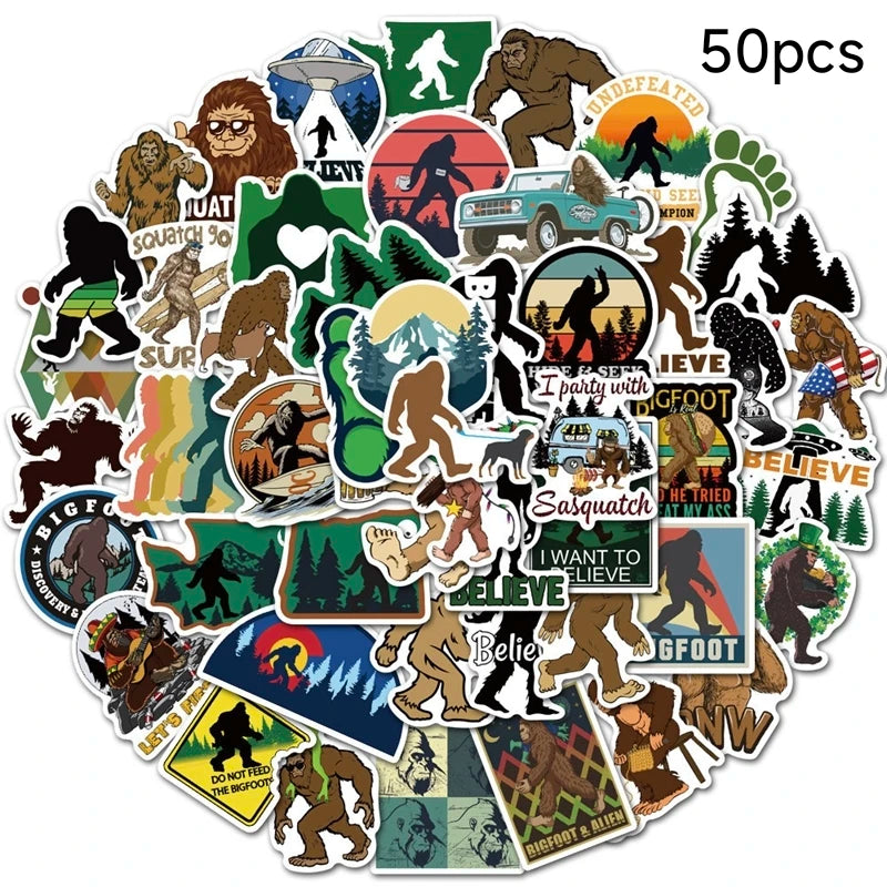 A collection of 50 waterproof vinyl stickers featuring various Bigfoot and Sasquatch related designs.