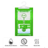 A green hanging moisture absorber bag with labels indicating functions like absorb moisture, prevent mildew, and absorb odor.