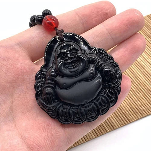 Amitabha Buddha Carved Obsidian Pendant Necklace