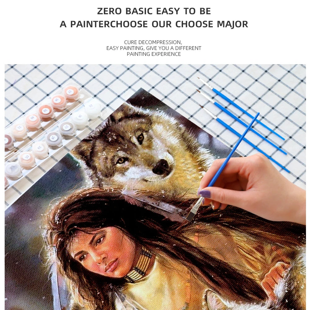 A hand paints a portrait of an African woman using a paint by numbers kit.