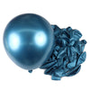 A single, shiny blue latex balloon is shown next to a bunch of gathered blue satin ribbon streamers.