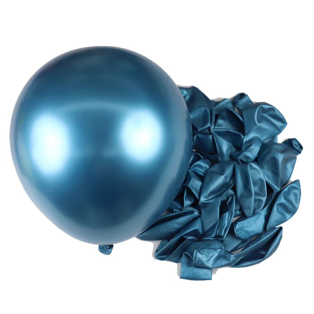 A single, shiny blue latex balloon is shown next to a bunch of gathered blue satin ribbon streamers.