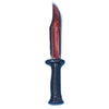 A realistic bloody knife prop with a red blade and dark handle.