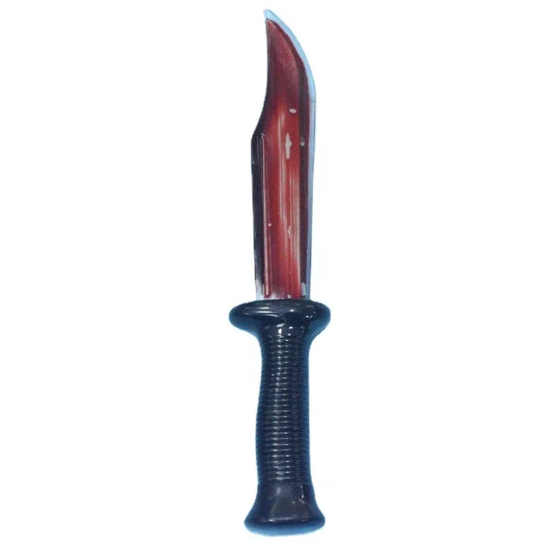 A realistic bloody knife prop with a red blade and dark handle.