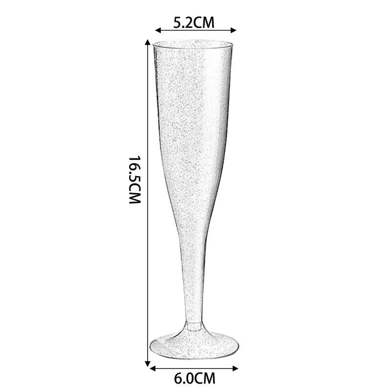 A diagram showing the dimensions of a clear plastic champagne flute with a stem, measuring 5.2cm for the bowl and 6.0cm for t