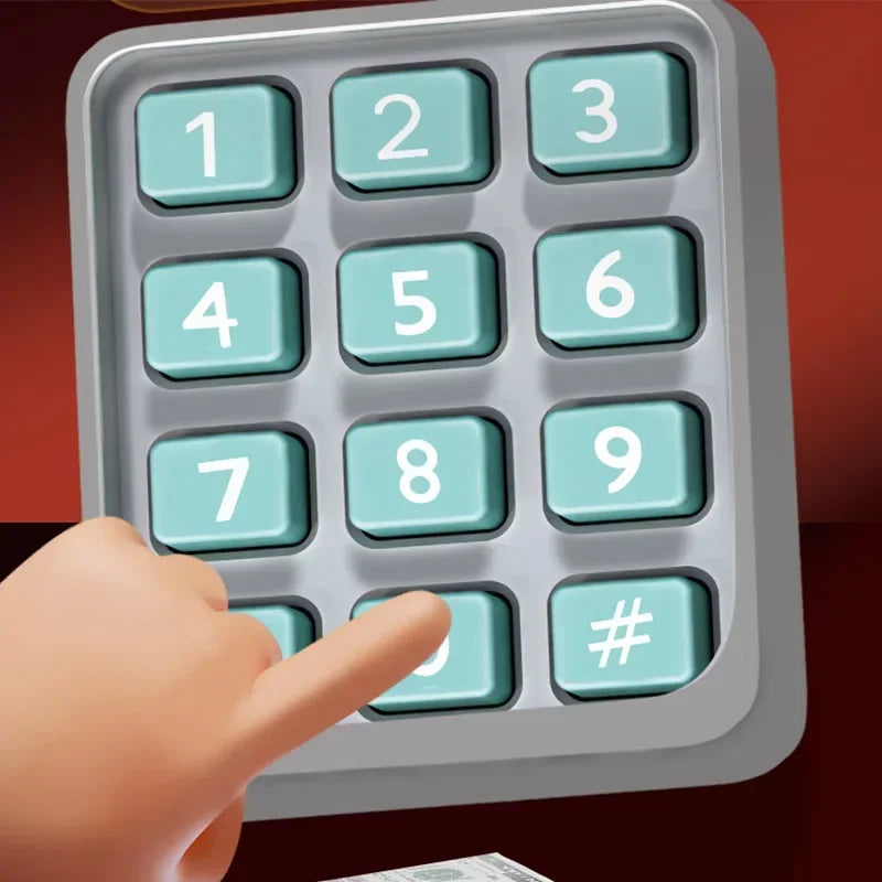 A hand is pressing buttons on a light gray interactive roll-up piggy bank keypad with numbers and symbols.