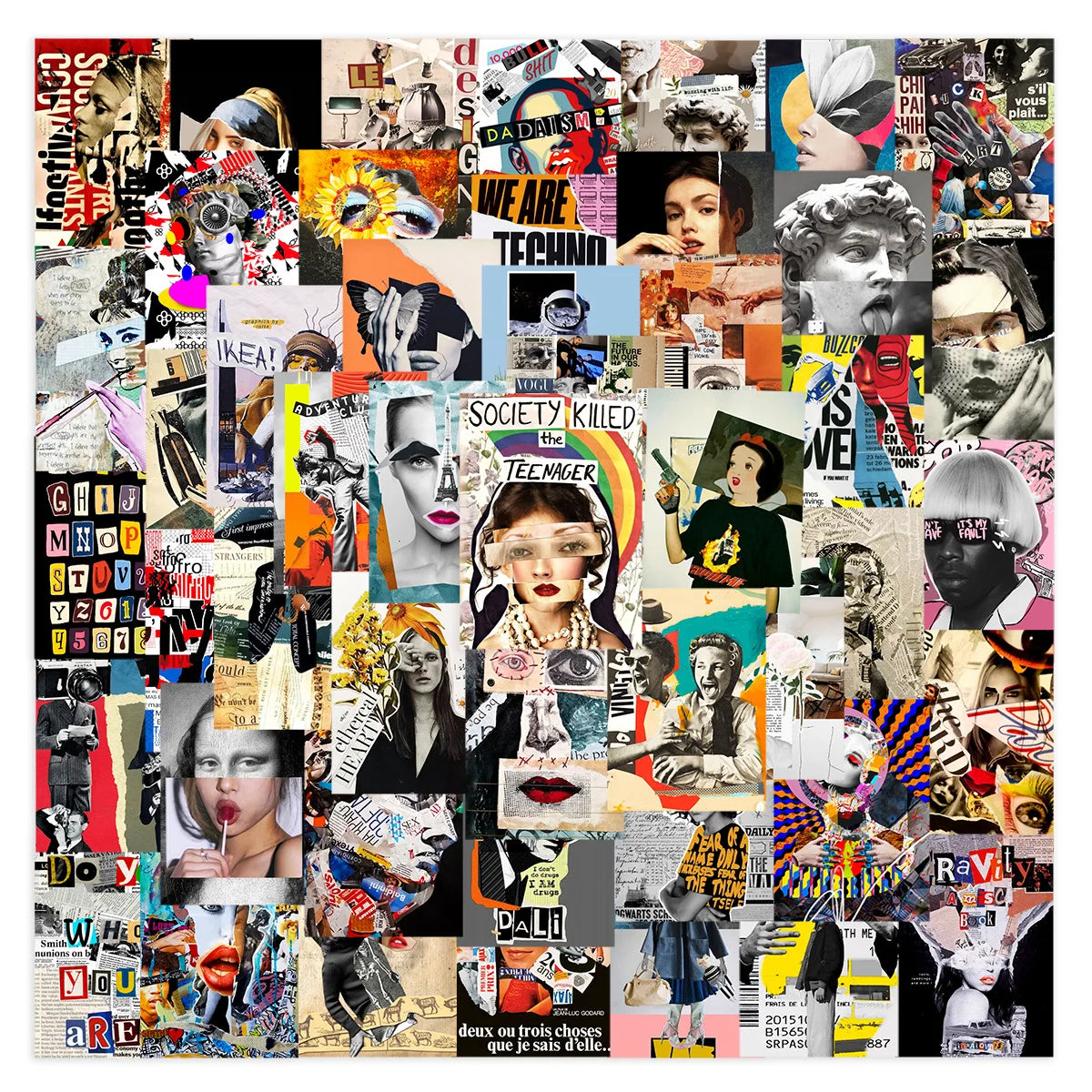A collage of various artistic and photographic images featuring diverse subjects, styles, and colors.