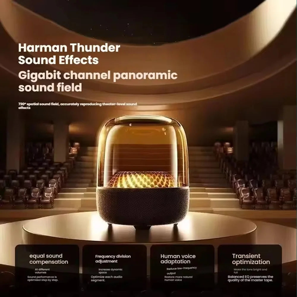 A transparent RGB Bluetooth speaker is displayed on a round platform, showcasing its sound field capabilities.