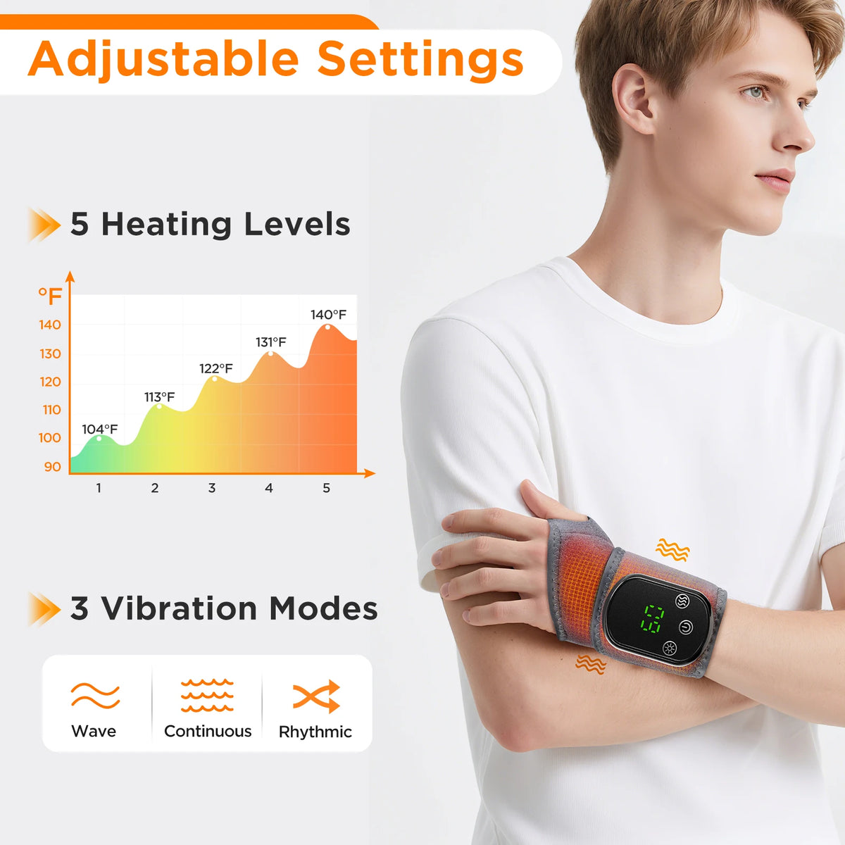 A man wears a orange heated wrist massager with vibration modes on his forearm.
