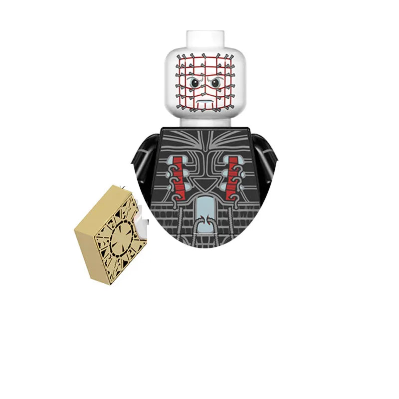 A set of horror movie icon building blocks featuring a stylized monster face and a dark, armored figure.