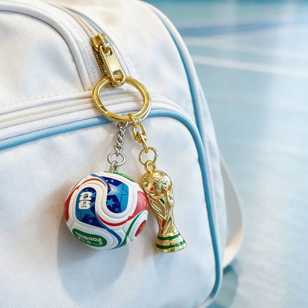A gold-colored FIFA trophy keychain is attached to a white backpack.