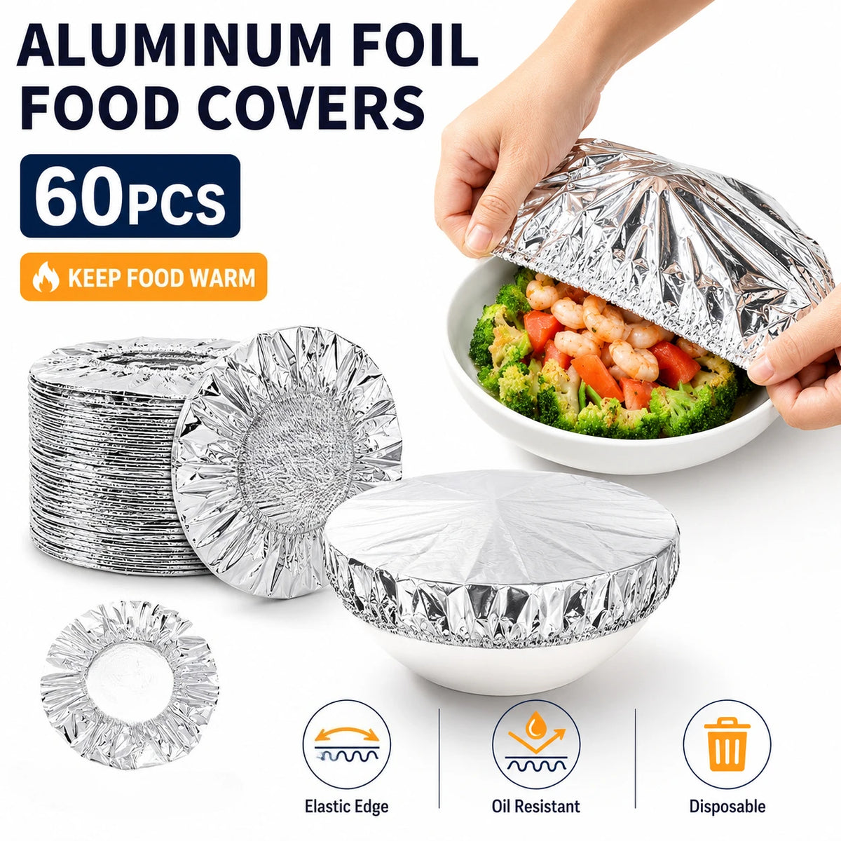 Aluminum foil food covers in various sizes and a stack, demonstrating heat retention and oil resistance.