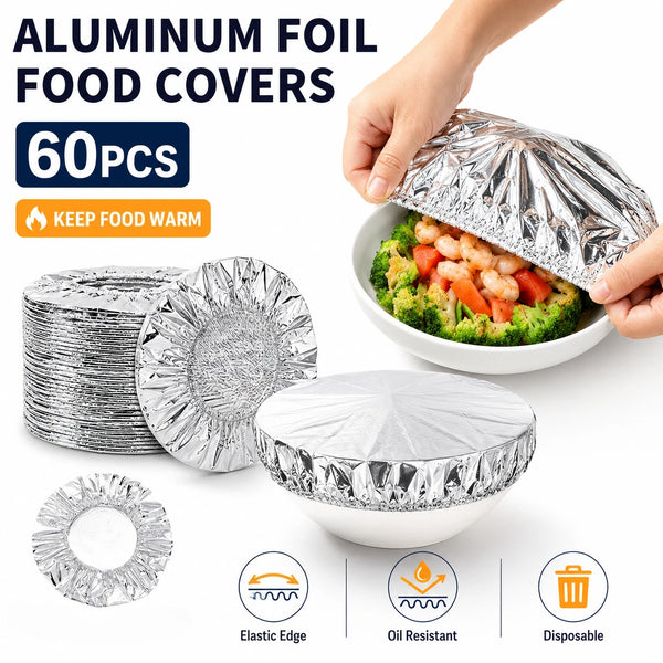Aluminum foil food covers in various sizes and a stack, demonstrating heat retention and oil resistance.