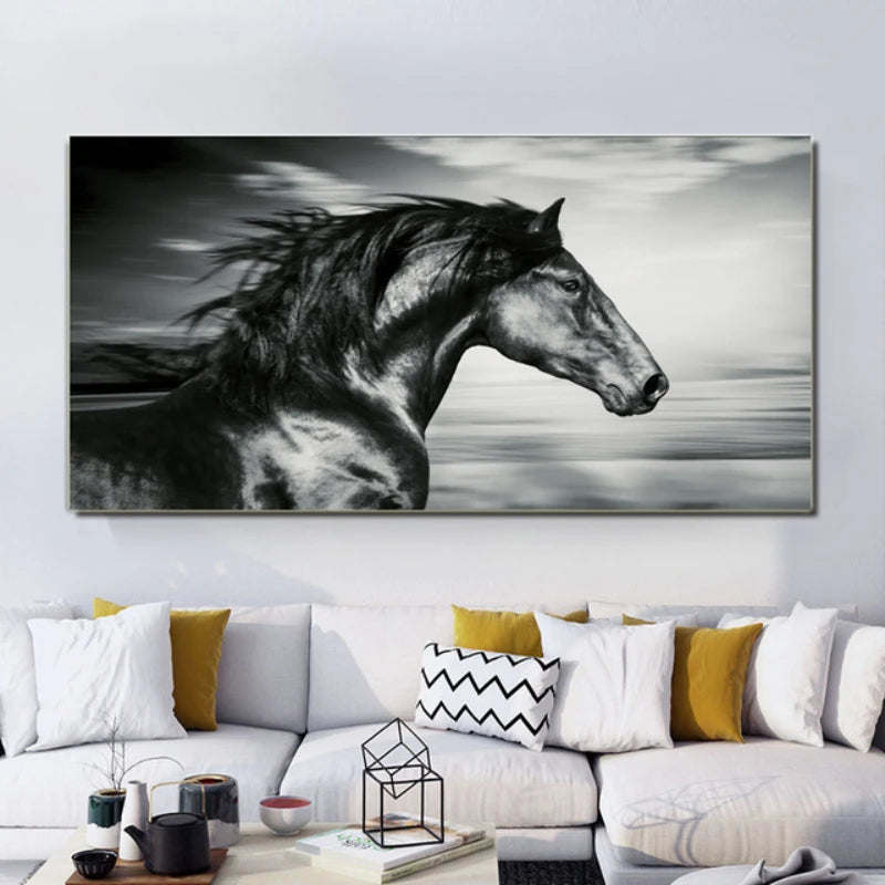 Black and white canvas art print of a horse's head in profile against a cloudy sky