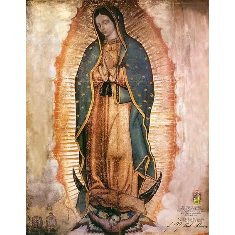 Canvas wall art depicting Our Lady of Guadalupe with a halo and traditional attire.