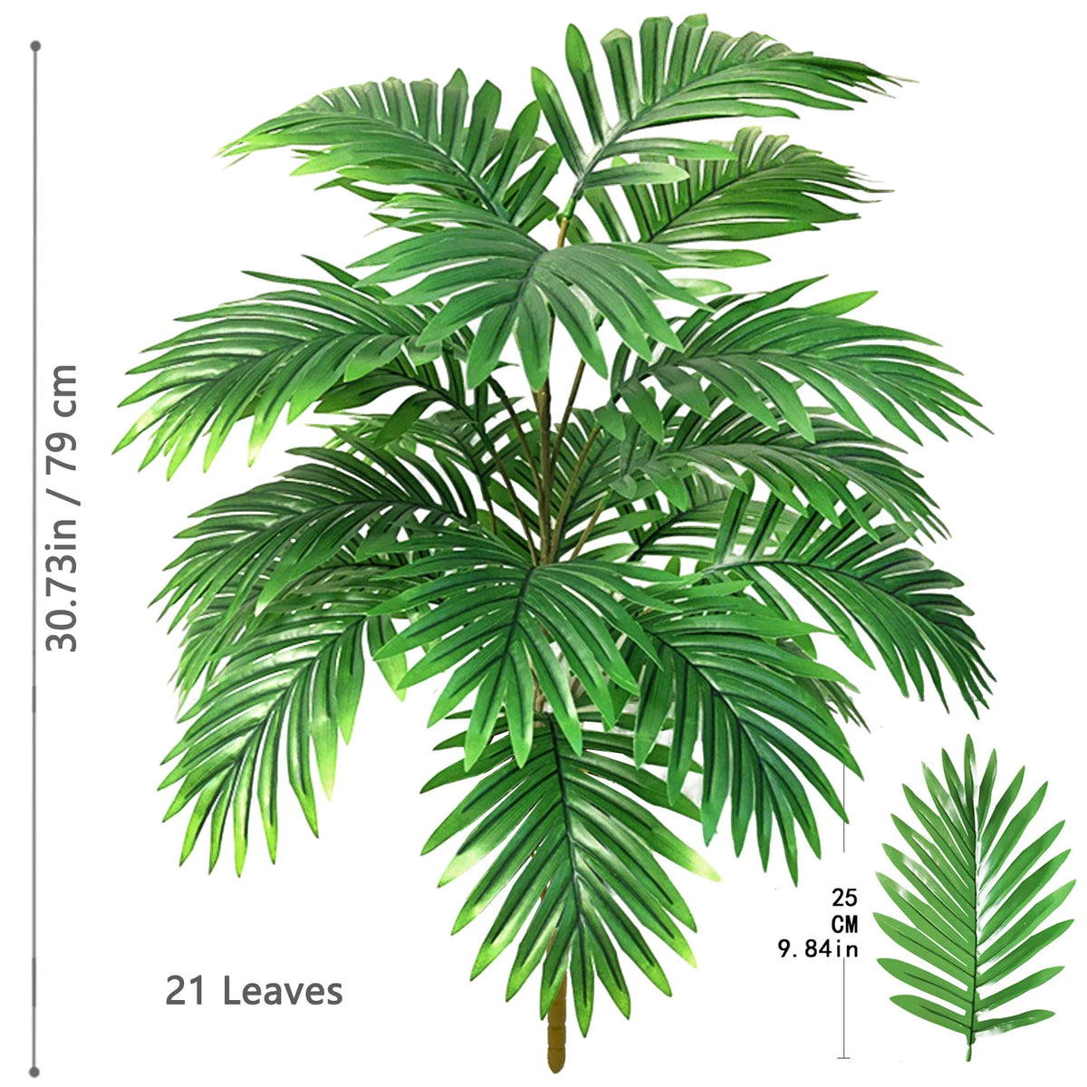 A realistic artificial palm tree featuring vibrant green silk leaves, shown with a measurement scale.