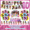 K-pop inspired birthday party decoration set featuring balloons, a backdrop, and cake toppers.