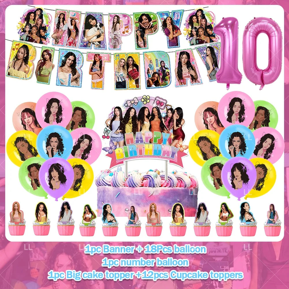 K-pop inspired birthday party decoration set featuring balloons, a backdrop, and cake toppers.