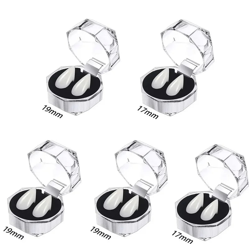 A set of realistic vampire fangs with adjustable fit shown in various packaging and display angles.
