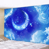 A tapestry depicting a deep blue night sky with a glowing crescent moon and stars surrounded by white clouds