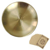 A round, brass-colored stainless steel altar plate with a pentagram design and a small handle, next to several paper cards.
