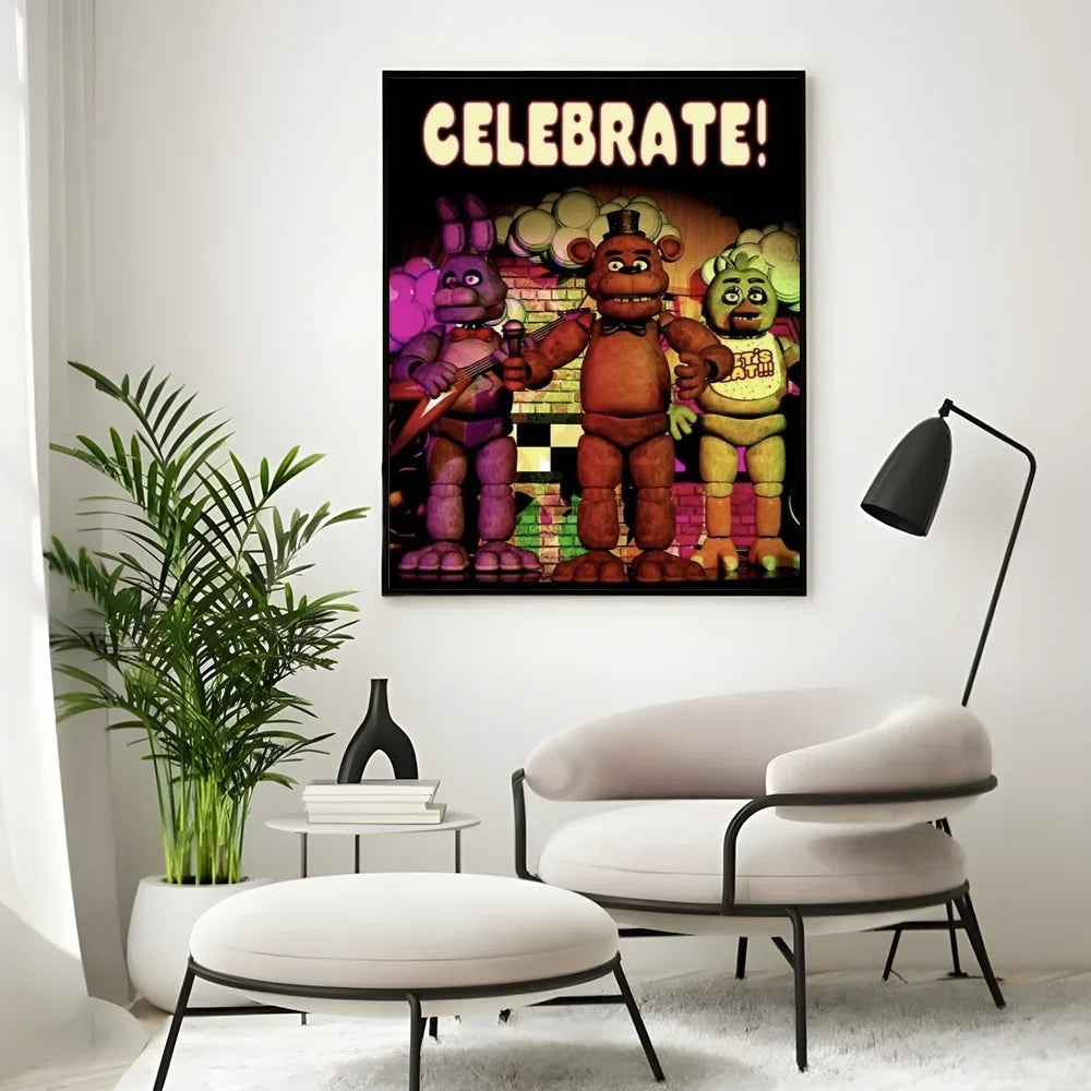 A framed canvas wall art poster featuring characters from Five Nights at Freddy's in a dark background.