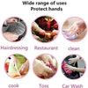 Disposable PE gloves shown in various uses including hairdressing, restaurant work, cleaning, cooking, and car washing.
