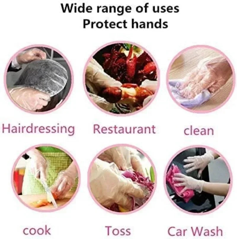 Disposable PE gloves shown in various uses including hairdressing, restaurant work, cleaning, cooking, and car washing.