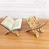 An elegant wooden book stand featuring an open book and a decorative wooden animal figure.