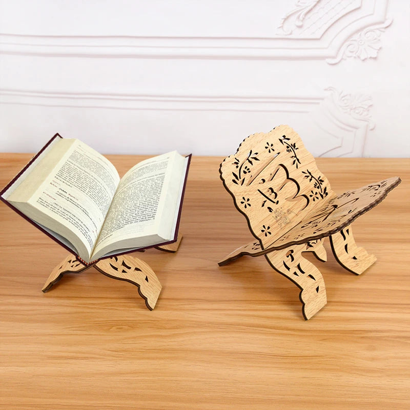 An elegant wooden book stand featuring an open book and a decorative wooden animal figure.