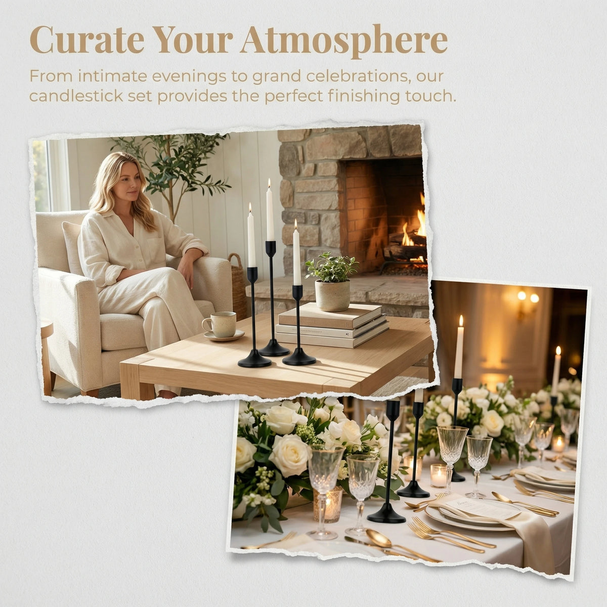 A set of modern metal taper candle holders displayed on a wooden table with candles and greenery.