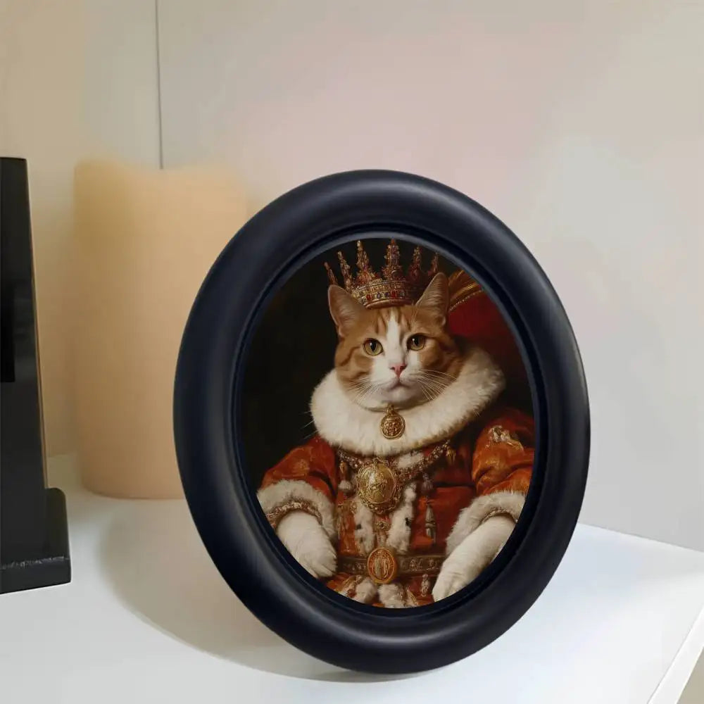 A round black photo frame displaying a Renaissance portrait of a cat wearing a crown and royal attire.