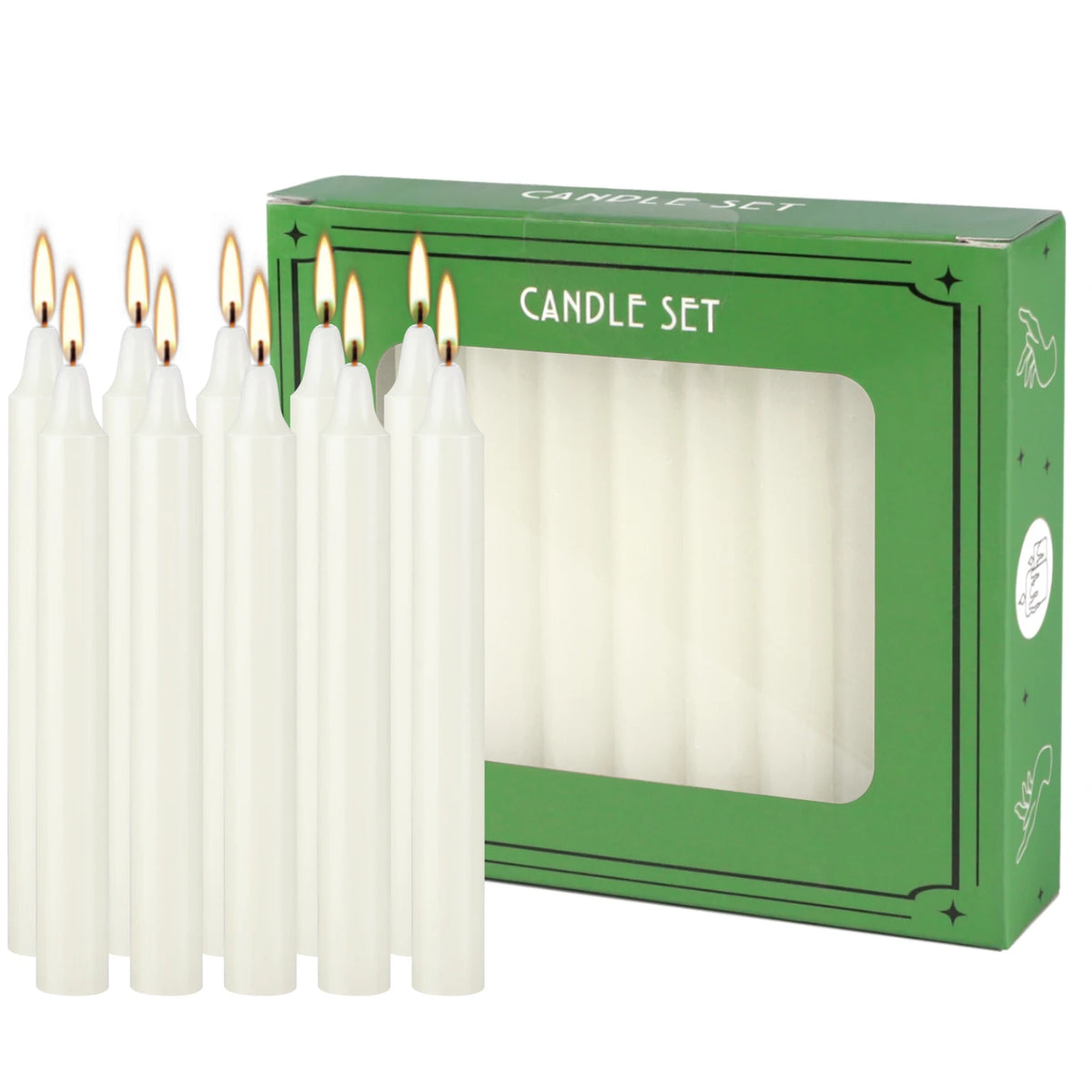 A set of twenty ivory white drip-free stick candles packaged in a green box.