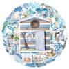 A wooden cabin-style sticker featuring a door and a wreath, surrounded by various ocean life elements.
