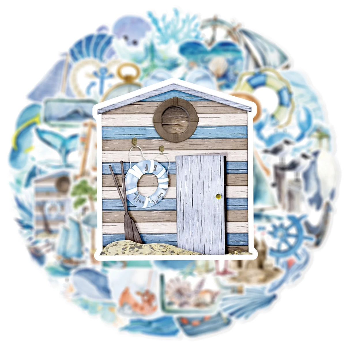 A wooden cabin-style sticker featuring a door and a wreath, surrounded by various ocean life elements.