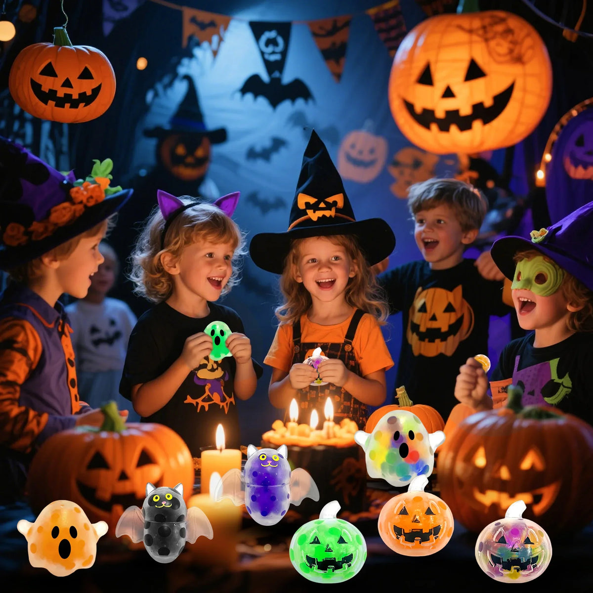 A collection of colorful and glowing Halloween sensory squishy beads arranged on a dark surface.