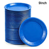 A stack of blue disposable paper plates with one plate displayed separately.