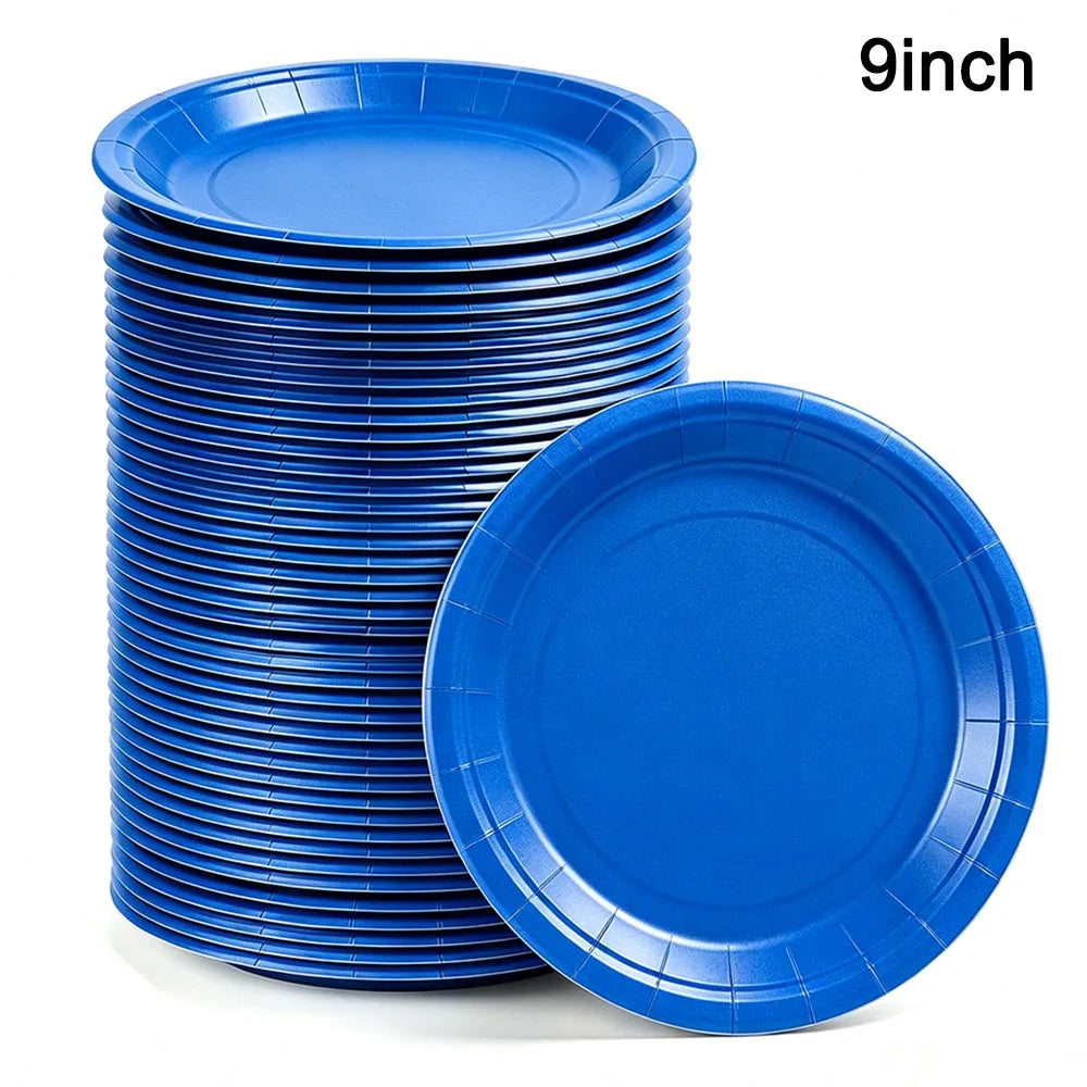 A stack of blue disposable paper plates with one plate displayed separately.