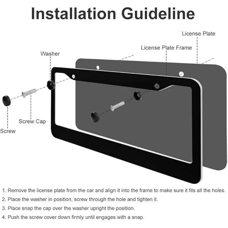 Installation guideline showing how to install a license plate using a frame and screw covers.