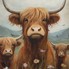 A close-up painting of a brown Highland cow with large horns and a fluffy coat standing in a grassy field.