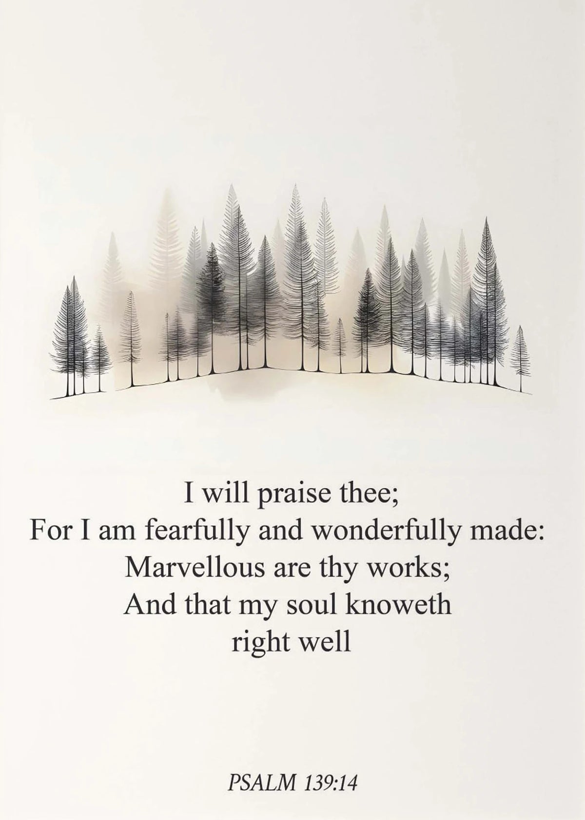 A minimalist canvas featuring a silhouette of evergreen trees against a light background with a Bible verse.