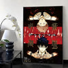 A vertical canvas wall art featuring a dramatic illustration of a Jujutsu Kaisen character's face and hands in calligraphy st