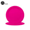 A stack of ten vibrant solid pink disposable paper plates.
